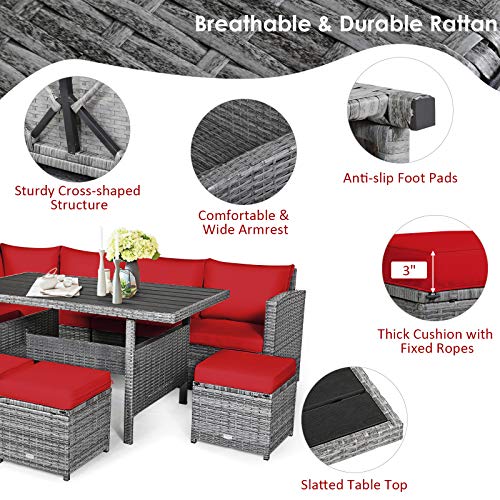 Tangkula 7 Pieces Patio Furniture Set, Outdoor Sectional Rattan Sofa Set with Cushions, All Weather Wicker Conversation Couch Set w/Dining Table & Ottomans for Backyard Garden Poolside