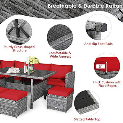 Tangkula 7 Pieces Patio Furniture Set, Outdoor Sectional Rattan Sofa Set with Cushions, All Weather Wicker Conversation Couch Set w/Dining Table & Ottomans for Backyard Garden Poolside