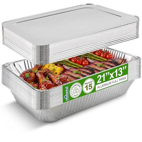 EHOMEA2Z Aluminum Pans With Lids, Large Full Size 21x13x3 Disposable Foil Pans, Heavy Duty Roasting, Baking, Broiling, Catering & Chafing Pans (15, Full-Size w/Lids)