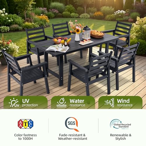 AZXZCS 10-Piece Outdoor Dining Set, All-Weather HDPE Patio Furniture, Two 66.5" Slatted Table with 1.6" Umbrella Hole & 8 Ergonomic Armchairs, Heavy Duty 350lbs Capacity, UV Resistant, Black