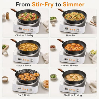 NESTIQEX Concave Induction Wok Cooktop Set, 1700W 120V Portable Induction Burner Electric Hot Plate with 13.4" Carbon Steel Wok, Glass Lid & Rack, Upgraded Steady Heat Control for Stir Fry & Hot Pot