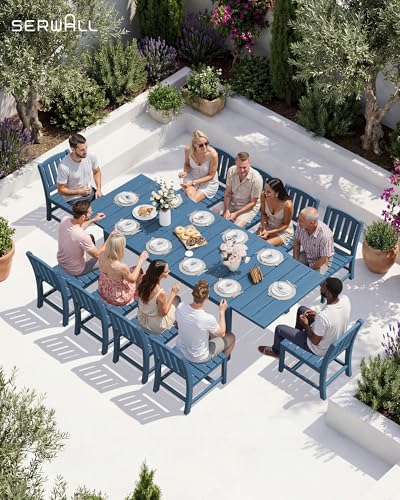 SERWALL 10-Piece Patio Dining Sets with 15FT Patio Umbrella, 60" - 83" Expandable Outdoor Dining Table and 8 HDPE Chairs, All Weather HDPE Outdoor Furniture Set, Blue (Umbreall Base not Included)