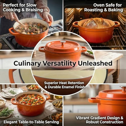YJX Cast Iron Dutch Oven Pot with Lid, Enameled Cast Iron Pot, Orange Bread Dutch Oven, 4QT Heavy-Duty Cookware Oven Safe to 500°F for Bread Baking, Braising, Stews, Roasting