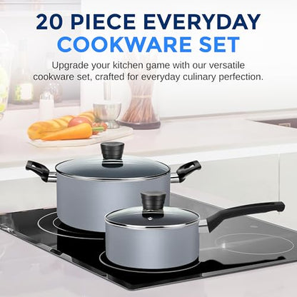 SereneLife Kitchenware Pots & Pans, Basic Kitchen Cookware Set, Black Non-Stick Coating Inside, Heat Resistant Lacquer (20-Piece Set), One Size, Gray