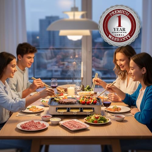 OVENTE 2-in-1 Electric Indoor Grill, 1500W Smokeless Korean BBQ Griddle with Non-Stick Removable Cooking Plate, 3 Raclette Cheese Pans, Adjustable Temperature Control, Dishwasher Safe, Beige BQR1502B