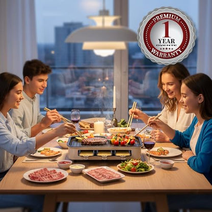 OVENTE 2-in-1 Electric Indoor Grill, 1500W Smokeless Korean BBQ Griddle with Non-Stick Removable Cooking Plate, 3 Raclette Cheese Pans, Adjustable Temperature Control, Dishwasher Safe, Beige BQR1502B