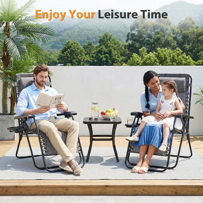 NEWBULIG Zero Gravity Chair Set of 2, Lounge Chair Folding Portable Adjustable Camping Reclining Chairs with Adjustable Pollow, Mesh Back, Cup Holder Trays Lawn Patio Chair for Pool Beach - Grey