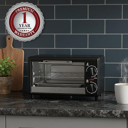 OVENTE 8L Countertop Toaster Oven with 60-Minute Timer, Adjustable Temperature Control, Easy-to-Clean Baking Pan, 750W Compact Mini for Pizza, Toast, Bake, and Broil, Black TO2808B