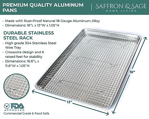 Commercial Quality Cookie Sheet and Rack - Aluminum Half Sheet Baking Pan and Stainless Steel Cooling Rack Set 13x18 Rust & Warp Resistant, Heavy Duty