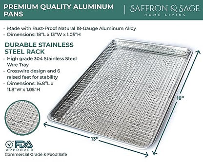 Commercial Quality Cookie Sheet and Rack - Aluminum Half Sheet Baking Pan and Stainless Steel Cooling Rack Set 13x18 Rust & Warp Resistant, Heavy Duty