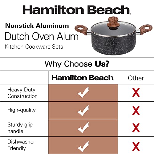 Hamilton Beach 3 Quart Nonstick Marble Coating Even Heating Round Dutch Oven Pot with Glass Lid and Wooden Like Soft Touch Handle, Dutch Oven Pot, Braising, Roasting