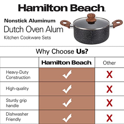 Hamilton Beach 3 Quart Nonstick Marble Coating Even Heating Round Dutch Oven Pot with Glass Lid and Wooden Like Soft Touch Handle, Dutch Oven Pot, Braising, Roasting
