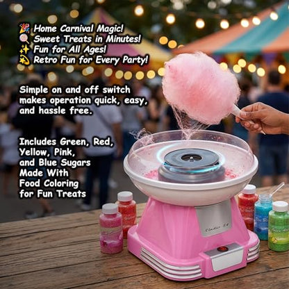 Studio 54 Retro Cotton Candy Machine with 5 Jars (11oz Each) Floss Sugar, 50 Paper Cones, Easy Cleanup Cotton Candy Maker, Durable Retro Design, Makes 20–30 Servings per Jar, BPA & Lead Free