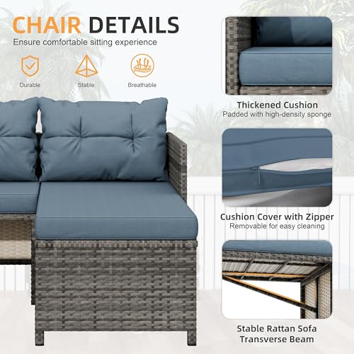 Shintenchi 3 Pieces Patio Furniture Set,Outdoor Sectional Sofa,Blue-Gray