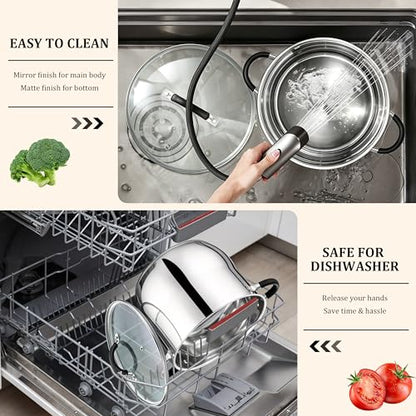 E-far 12 Quart Stock Pot, Stainless Steel Pot with Lid for Cooking Soup Simmering Stew, Tall Induction Pot w/Tri-Ply Thick Base, Large Cooking Pot w/Dual Heat Proof Handles, No-Toxic & Dishwasher Safe