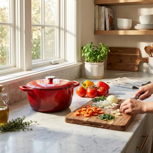 WOKINS 7QT Enamel Cast Iron Dutch Oven with Lid,Dual Handles,Versatile Heavy-Duty Non-toxic Cookware for Sourdough Bread Baking,Braising,Stews,Roasting,Oven Safe up to 500°F red