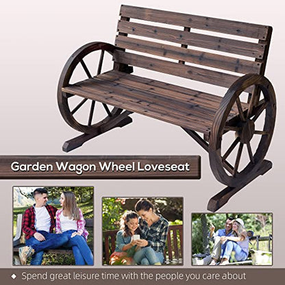 Outsunny 41" Wooden Wagon Wheel Bench, Rustic Outdoor Patio Bench Weather Resistance Furniture, 2-Person Slatted Seat with Backrest, Carbonized