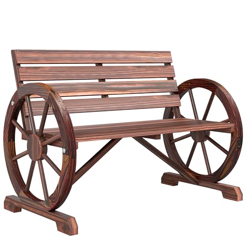 Outsunny 41" Wooden Wagon Wheel Bench, Rustic Outdoor Patio Bench Weather Resistance Furniture, 2-Person Slatted Seat with Backrest, Carbonized