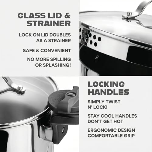 GOTHAM STEEL 8 Qt Nonstick Pasta Pot with Strainer Lid, Stainless Steel Stock Pot, Twist & Lock Handles, 2 Strainer Sizes, PFOA Free, for Soup & Spaghetti, Induction Ready, Oven & Dishwasher Safe