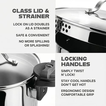 GOTHAM STEEL 8 Qt Nonstick Pasta Pot with Strainer Lid, Stainless Steel Stock Pot, Twist & Lock Handles, 2 Strainer Sizes, PFOA Free, for Soup & Spaghetti, Induction Ready, Oven & Dishwasher Safe