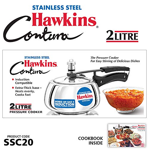 Hawkins Contura Pressure Cooker, Stainless Steel Inner Lid Cooker, Handi Cooker, Induction Cooker, Small Cooker, Silver SSC20 2 Litre