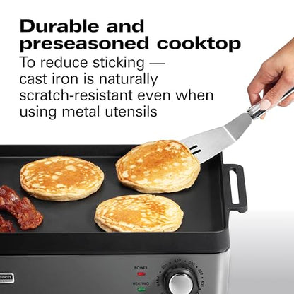 Hamilton Beach Professional Cast Iron Indoor Electric Grill & Griddle, 10" x 16" Preseasoned Cooking Surface, Adjustable Temperature up to 450° F, Black (38560)
