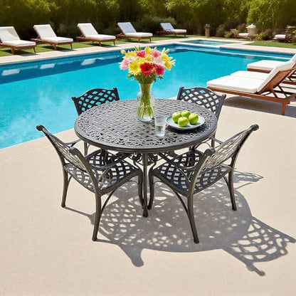 PATIO-IN 5 Pieces Cast Aluminium Patio Dining Set for 4-6 Person,Round 48" Patio Table and Chairs Set of 4 with 2.3" Umbrella Hole,Outdoor Patio Furniture Dining Set for Porch Backyard Deck, Black