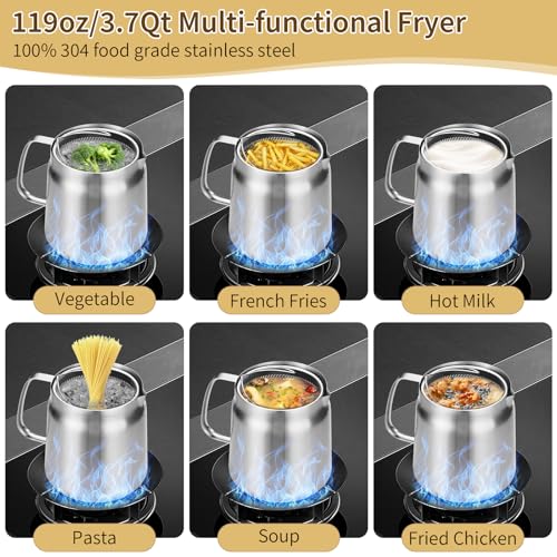 119oz 304 Stainless Steel Deep Fryer Pot with Basket & Strainer, Large Capacity Bacon Grease Container for Kitchen,Frying, Cooking, Camping,Oil Filter Container - Dishwasher Safe (119oz/3.5L/3.7Qt)