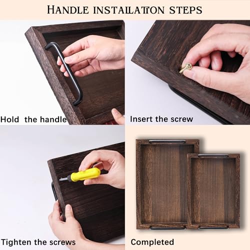 Kazozobi Lightweight Wood Serving Trays with Metal Handles, Set of 2 Nesting Wooden Ottoman Tray for Living Room, Farmhouse Wooden Trays for Decor, Breakfast, Dinner, Drinks, Coffee Table Tray, Brown