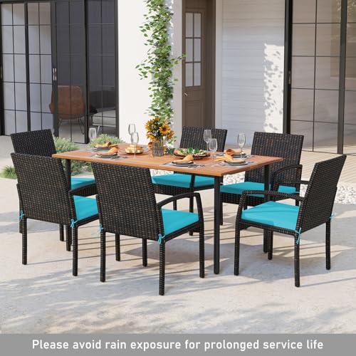 Tangkula 7 Pieces Outdoor Dining Set, Patio Acacia Wood Table and PE Rattan Chairs with Soft Cushions and 2” Umbrella Hole for Deck, Garden and Backyard