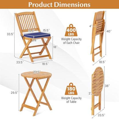 Tangkula 3 Pieces Acacia Wood Patio Folding Bistro Set, Outdoor Table and Chairs Set with Soft Cushions, Patio Furniture Set for Porch, Balcony, Garden, Deck and Backyard