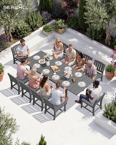 SERWALL 9-Piece Outdoor Dining Set, 60" - 83" Expandable Outdoor Dining Table and 8 HDPE Chairs, All Weather HDPE Outdoor Furniture Set for Backyard, Garden, Grey