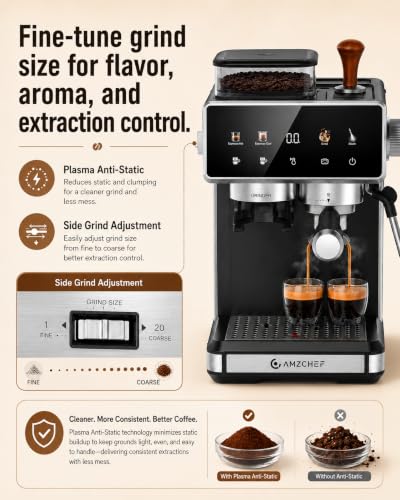 AMZCHEF Espresso Machine with Grinder, 20 Bar, Latte & Cappuccino, Black