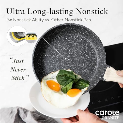 CAROTE Non Stick Frying Pan Skillet Set, Omelet Pan, Healthy Non Toxic Granite Chef Pan, Induction Compatible Egg Frying Pan with Heat-Resistant Handle, PFOA-Free,Black, 8"+10"+12"