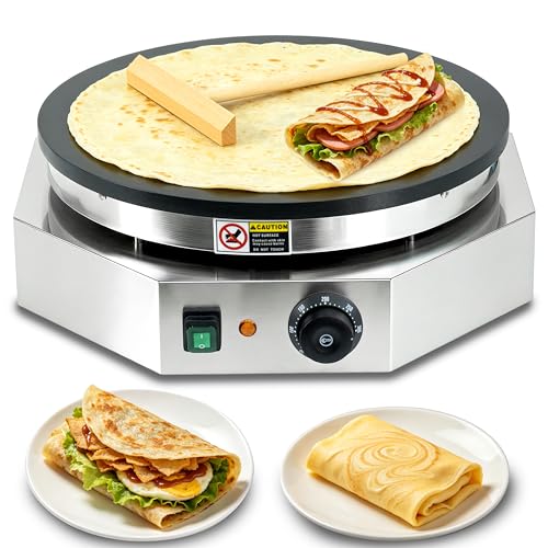 3000W Commercial Crepe Maker, 16" Non-Stick Electric Griddle with 0-300℃ Adjustable Temperature, Stainless Steel Pancake & Jianbing Machine with Wooden Spreader for Home, Snack Bar & Food Stall