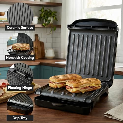 OVENTE 2-Serving Electric Indoor Grill & Panini Press with Easy Clean Non-Stick Plate Coating, Opens 90 Degrees, 10.7" x 7.7" Space Saving Design, 750W Contact Grill for Burgers & More, Black GP222B