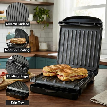OVENTE 2-Serving Electric Indoor Grill & Panini Press with Easy Clean Non-Stick Plate Coating, Opens 90 Degrees, 10.7" x 7.7" Space Saving Design, 750W Contact Grill for Burgers & More, Black GP222B