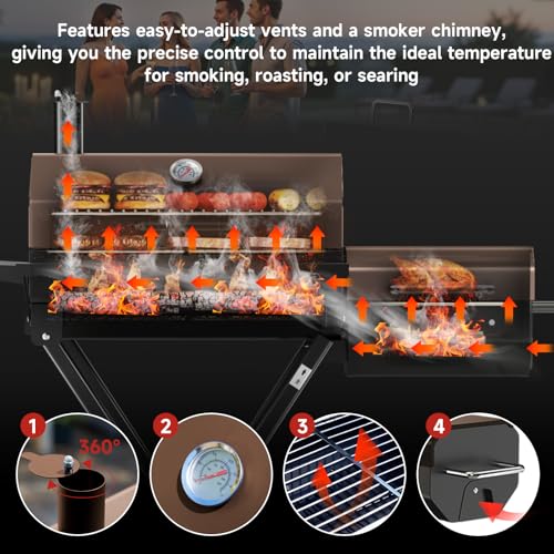 kscocinaBBQ Portable Charcoal Grill with Smoking Function, Foldable Suitcase Design with Wheels, Multi-Tier Storage Rack & Waterproof Cover for Outdoor BBQ Parties (Khaki)