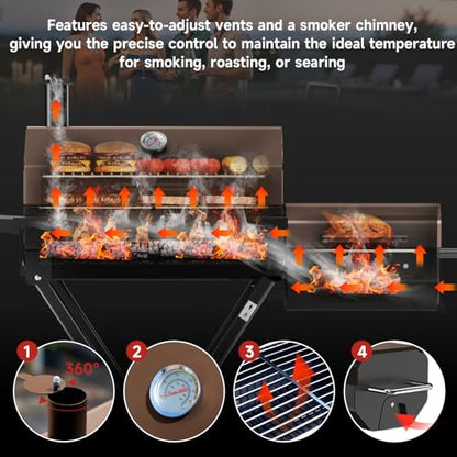 kscocinaBBQ Portable Charcoal Grill with Smoking Function, Foldable Suitcase Design with Wheels, Multi-Tier Storage Rack & Waterproof Cover for Outdoor BBQ Parties (Khaki)