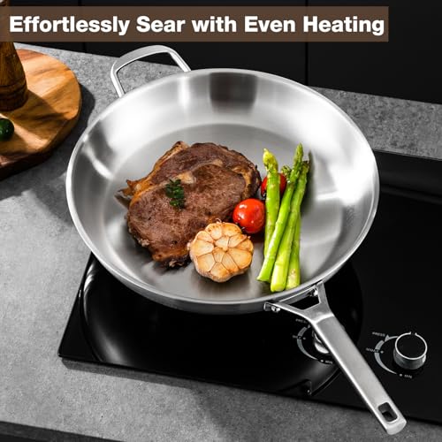Yeksum Stainless Steel Pan,14 inch Frying Pan, Heavy Duty, Large Frying Pan, Fast & Even Heating, Up to 650°, Oven & Dishwasher Safe,Compatible with All Cooktops