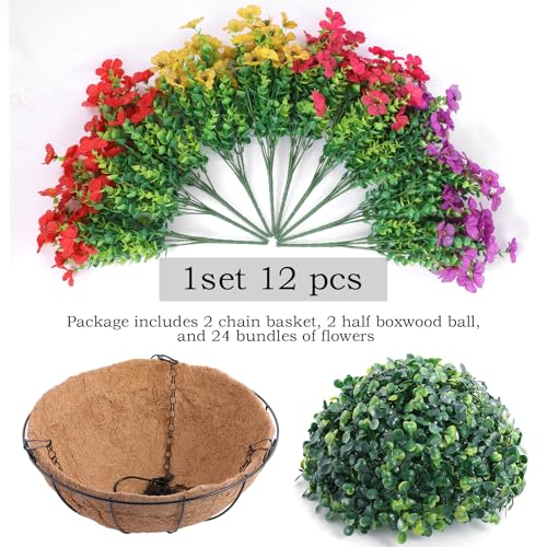 Hananona 2 Set Artificial Outdoor Flowers with Hanging Basket, 2 Hanging Planters with 24 Pcs Flowers for Spring Summer Front Porch Garden Patio Home Decor (2, Red, Purple, Yellow, Rose Red)