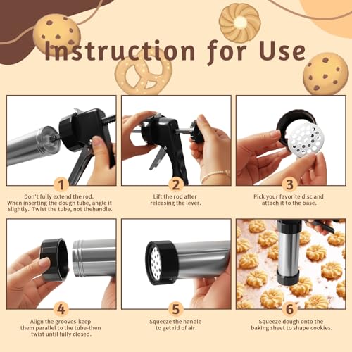 Tiaforza Stainless Steel Cookies Press Set, Churro Maker Machine, Cookie Press Gun Kit with 13 Cookie Discs, 8 Piping Tips and 2 Clean Brushes for DIY Biscuit/Cake Maker and Decorating Baking Supplies