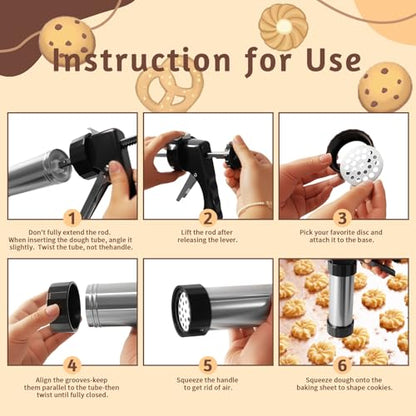 Tiaforza Stainless Steel Cookies Press Set, Churro Maker Machine, Cookie Press Gun Kit with 13 Cookie Discs, 8 Piping Tips and 2 Clean Brushes for DIY Biscuit/Cake Maker and Decorating Baking Supplies