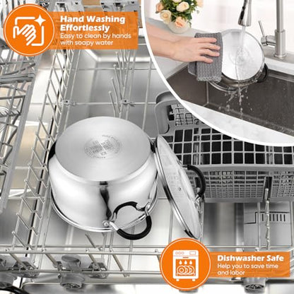 P&P CHEF Stainless Steel Stock Pot, 5 Qt Cooking Soup Pot with Visible Lid for Pasta, Tri-Ply Bottom & Dual Heatproof Handles, For Induction Gas All Stoves, Non-Toxic & Dishwasher Safe