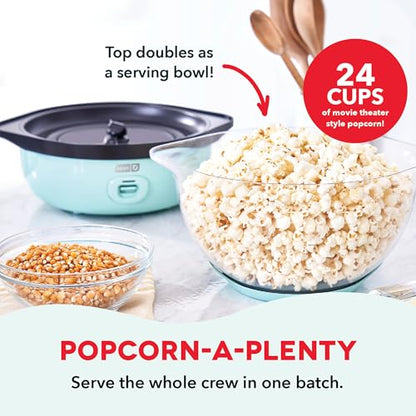 Dash SmartStore Deluxe Stirring Popcorn Maker - Hot Oil Electric Popcorn Popper with Butter-Warming Tray, Clear Serving Bowl, Storage Lid & Measuring Cup - 24 Cups, Aqua