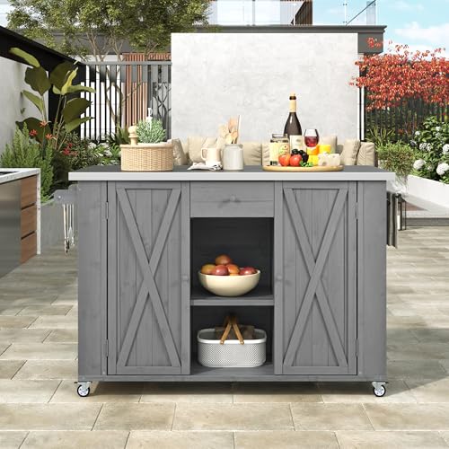 P PURLOVE Outdoor Kitchen Island with Stainless Steel Top and Ample Storage Space, Fir Wood Kitchen Cabinet with Towel, Spice Racks and a Bottle Opener for Outdoor, Grey