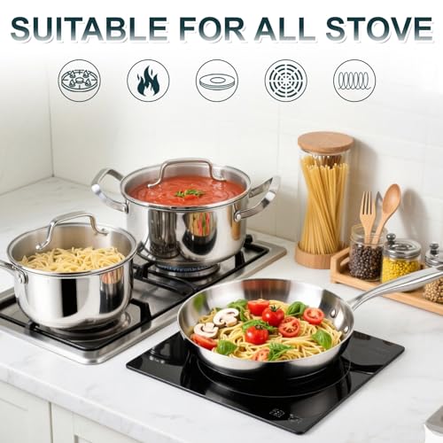 Fruikit Stainless Steel Cookware Set - 20 PCS Pots and Pans Set with 3-Ply Stainless Steel Frying Pan, Professional Kitchen Cooking Set, Induction Compatible, Oven & Dishwasher Safe