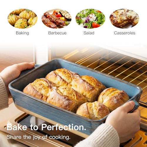 Dafuceramic Casserole Dish for Oven, 4.2 QT Baking Dish, 9x13 Large Porcelain Baking Pan, Durable Rectangular Lasagna Pan Deep with Handles, Microwave Oven Safe, Home Decor, Wedding Gift, (Khaki & Blue)