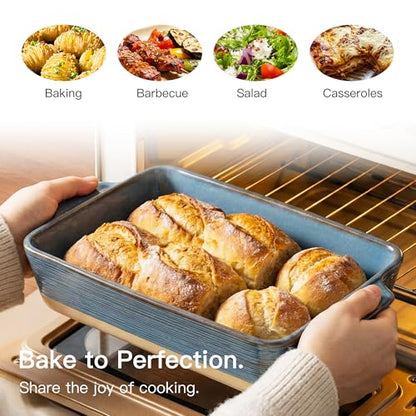 Dafuceramic Casserole Dish for Oven, 4.2 QT Baking Dish, 9x13 Large Porcelain Baking Pan, Durable Rectangular Lasagna Pan Deep with Handles, Microwave Oven Safe, Home Decor, Wedding Gift, (Khaki & Blue)
