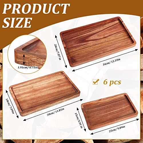 Qunclay 6 Pcs Acacia Wood Serving Trays Wooden Plates for Food 3 Sizes Rectangular Serving Platter Set Natural Wooden Boards Cheese Platters for Bar Coffee Home Party(13.4x7.9/11.8x7.1/9.8x5.9 In)